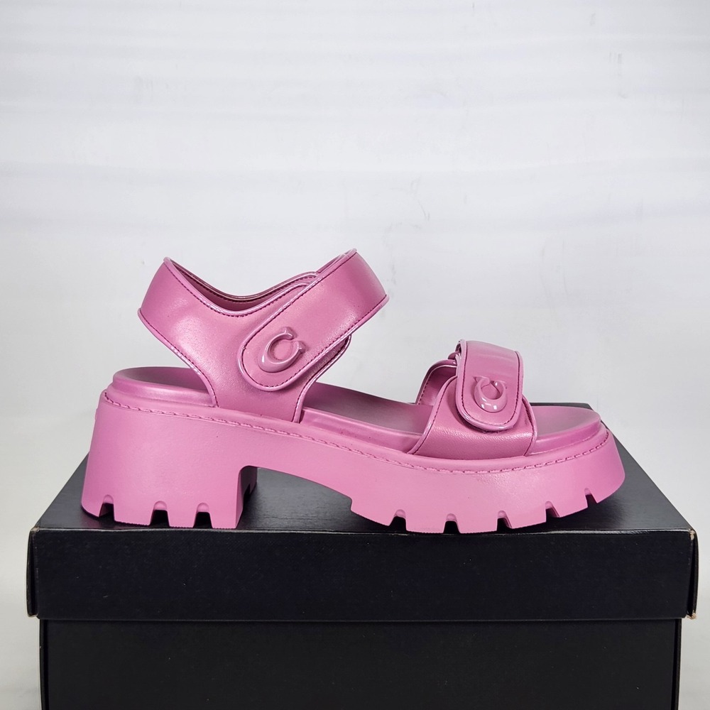 Coach Brynn Platform Sandals Women Size 8.5 Fuchsia Leather Lug Sole